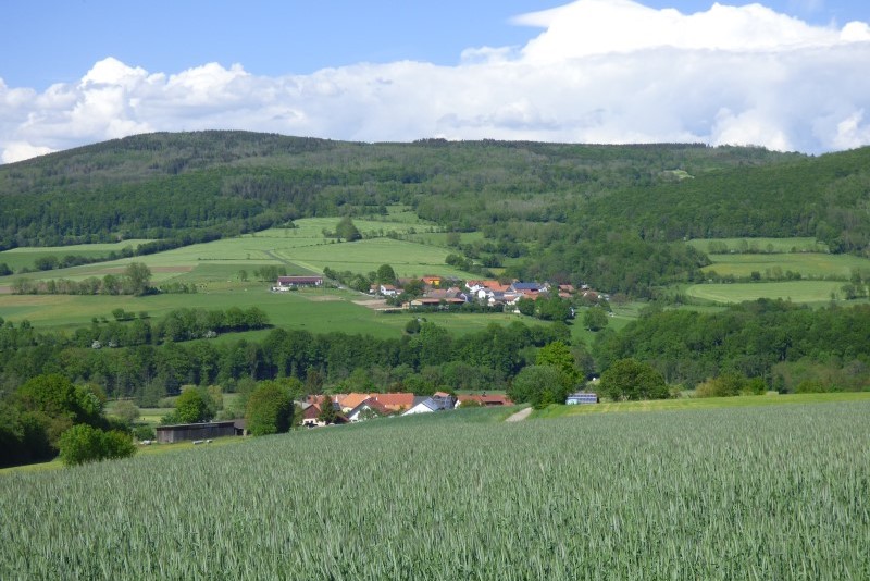 Stadtteil Hundsbach - Dorfansicht über Feld Richtung Osten