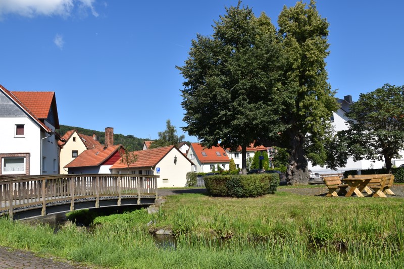 Stadtteil Wendershausen - Hier der idyllische Dorfmittelpunkt mit Dorflinde am Bachlauf der Weid
