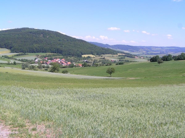 Tann - Blick auf den Stadtteil Habel, im Hintergrund der Habelberg mit dem Habelstein